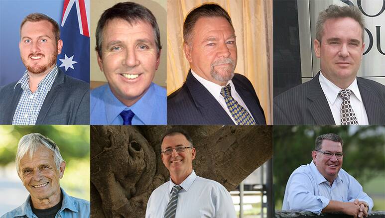 CANDIDATES: The seven candidates contesting the seat of Wright are (from top left) Allistair Smith, Barry Austin, Mark Stone, John Cox, (bottom right to left) Scott Buchholz, Rod Smith and Pietro Agnoletto.