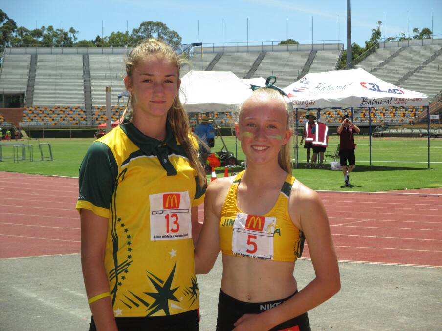 Lilly Pearce (left) and Maddison Aitkin who will be competing in five events each at the Little Athletics state championships.