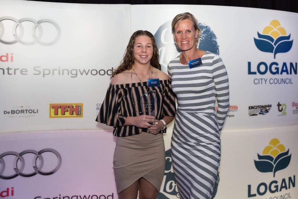Young sportsperson of the year (female) Molly McGill with Naomi McCarthy from Griffith University at Thursday night's 2016 City of Logan Sports Awards. Photo: Supplied.