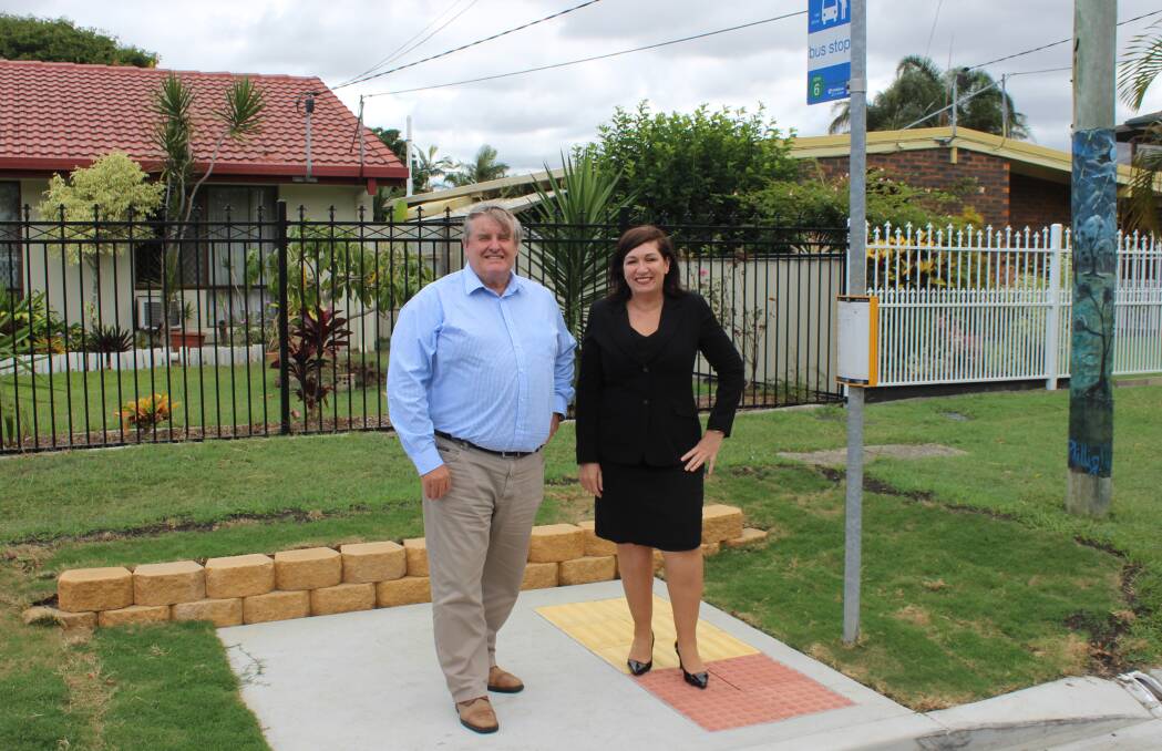 Ready for all: Division 7 Councillor Laurie Smith with Member for Algester Leanne enoch at one of the newly upgraded bus stops in Peverell Street in Hillcrest.