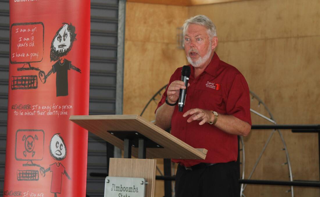SPEAKER: Bruce Morcombe speaks to students, parents and teachers at Jimboomba State School on Wednesday. Photo: Cheryl Goodenough