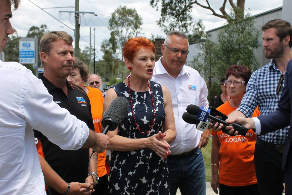 CAMPAIGN TRAIL: One Nation leader Pauline Hanson, with Logan candidate Scott Bannan and Jordan candidate Michael Pucci at Jimboomba. Photo: Cheryl Goodenough