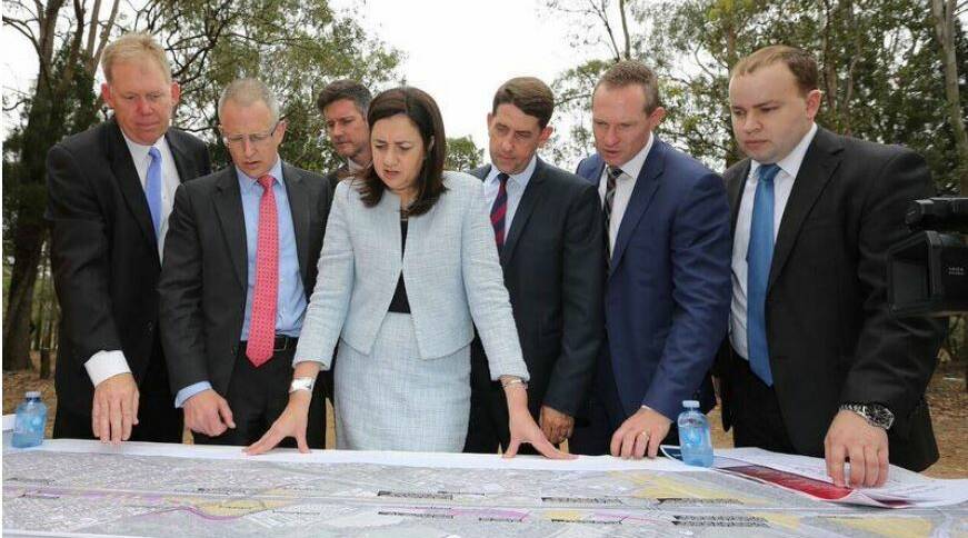 ANNOUNCEMENT: Premier Annastacia Palaszczuk joined (from left) Forde MP Burt Van Manen, federal Infrastructure Minister Paul Fletcher, state Main Roads Minister Mark Bailey, Woodridge MP Cameron Dick, Springwood MP Mick de Brenni
and Stretton MP Duncan Pegg to announce the contract for the upgrade. Photo: Supplied