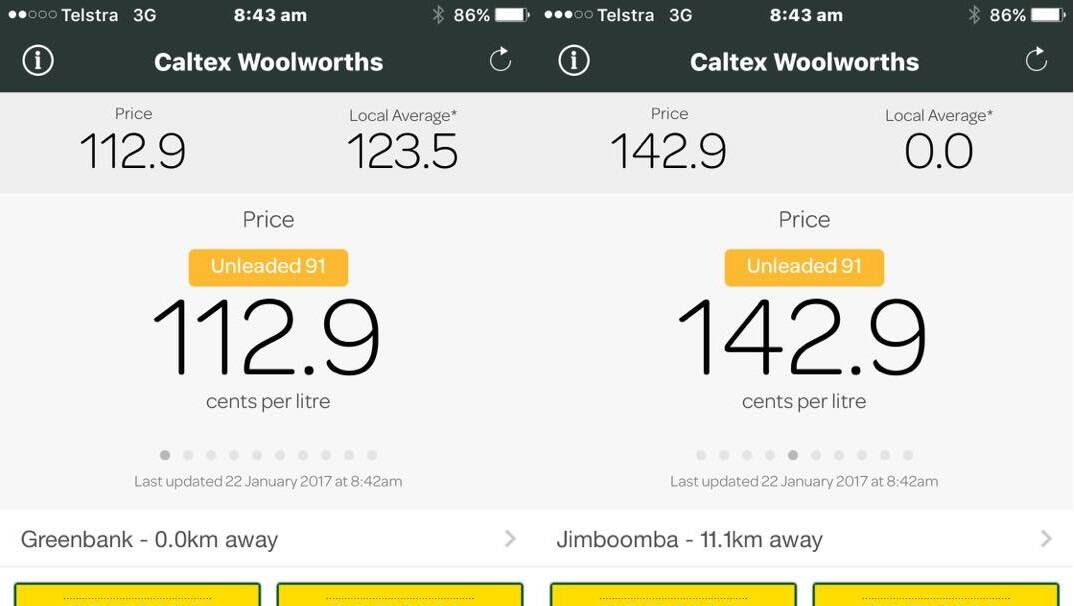 UP ROAR: Social media users were quick to comment on a fuel price comparison when buying Unleaded91, between Caltex Woolworths at Greenbank and Caltex Woolworths at Jimboomba, on Sunday. 