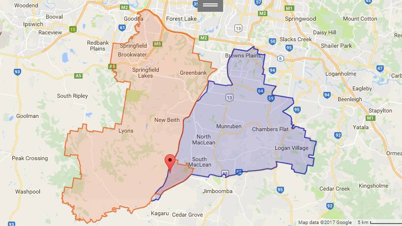 PROPOSED CHANGES: The current Logan electorate as highlighted purple, with the proposed Jordan electorate coloured orange.  The pin red pin is on Flagstone. Photo: Queensland Redistribution Commission - boundaries.ecq.qld.gov.au.