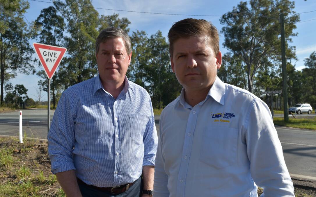 PRIORITY ISSUE: State opposition leader Tim Nicholls with Beaudesert MP Jon Krause near the Mount Lindesay Highway at North Maclean. Photo: Hannah Baker