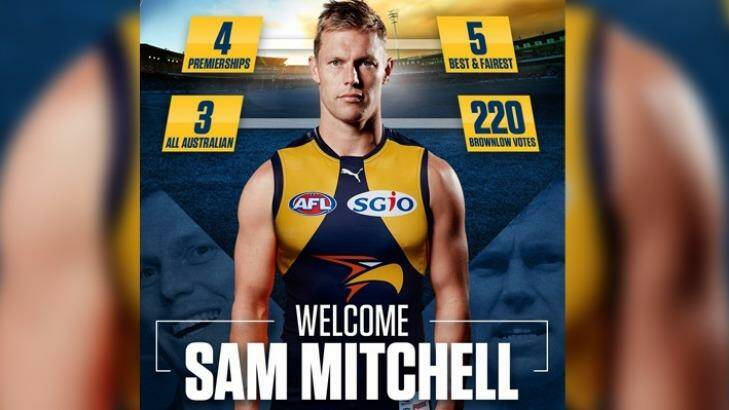 An image of ex-Hawks legend Sam Mitchell in his new jumper. Photo: West Coast Eagles
