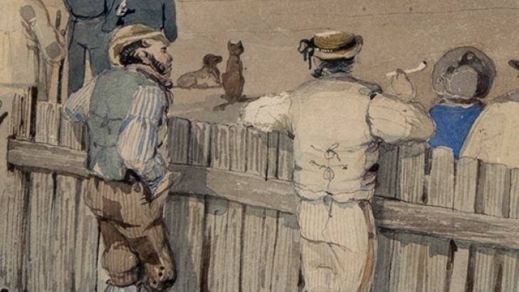 Detail from S.T. Gill painting 'Sturt's overland expedition leaving Adelaide' which academic Babette Smith says depicts a convict, left, talking to an artist.  Photo: Art Gallery of South Australia
