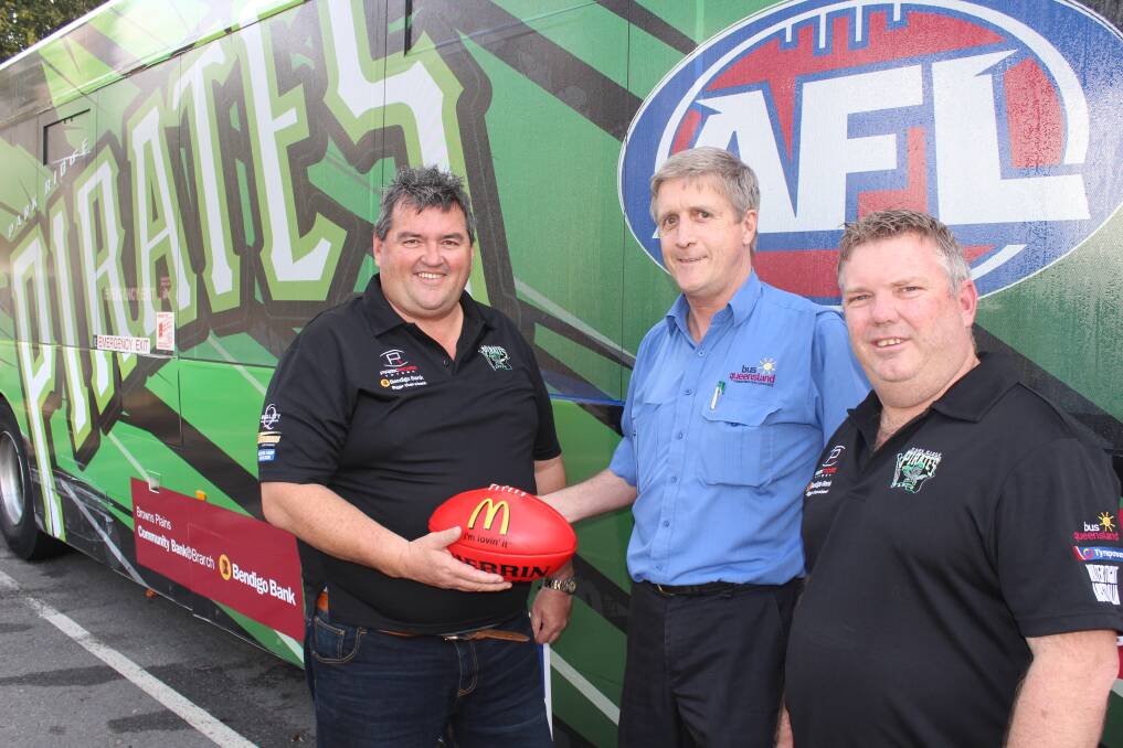Park Ridge Pirates club president Andy Colenso, Bus Queensland representative Paul Chaplin and Park Ridge Pirates vice president Colin Lang celebrate the new sponsorship deal between the club and Bus Queensland.