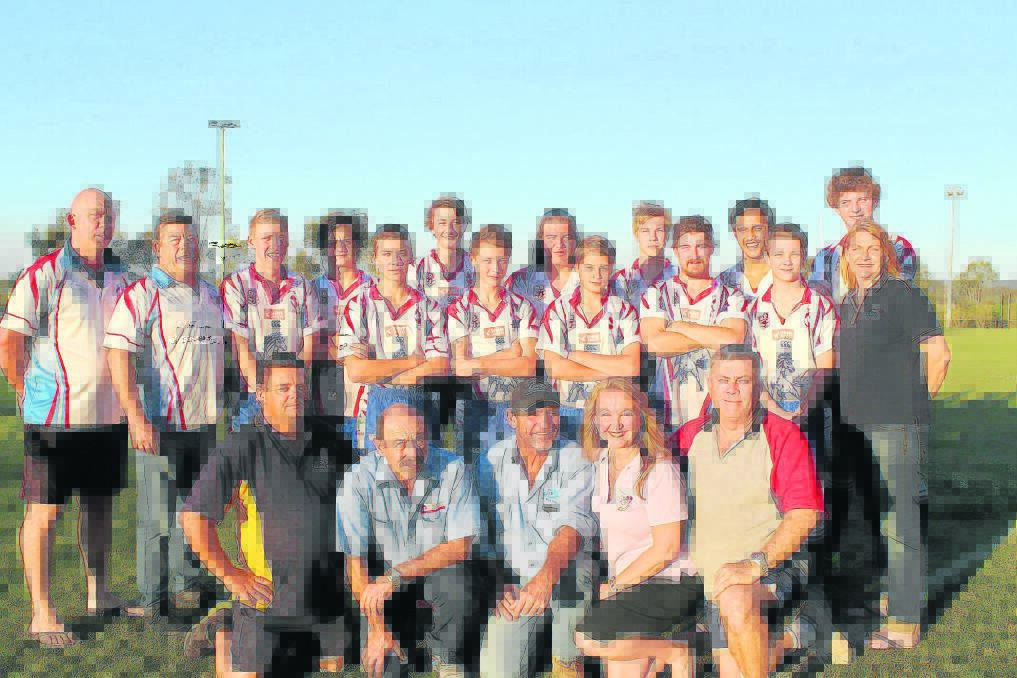 The Mustangs Brothers under 15s side with their coach Brian Gallagher, team manager Karen Own and the community sponsors who have funded their Sydney trip.
