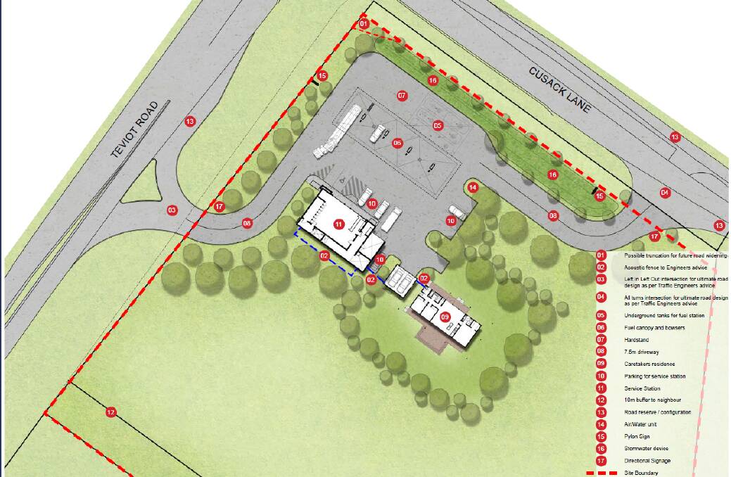 A plan of the proposed 7/11 service station on the corner of Cusack Lane and Teviot Road.