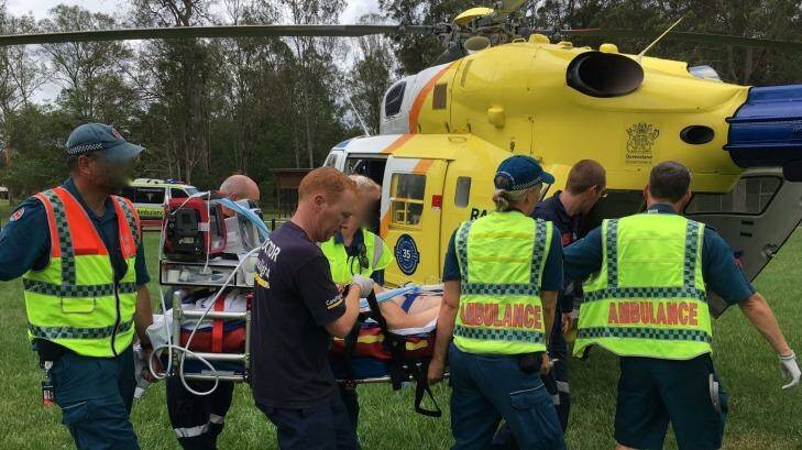 A man in his mid-fifties was left in a critical condition after hitting a guard rail at Mooloolah Valley on Saturday. Photo: RACQ LifeFlight Rescue