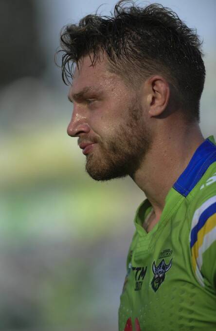 Sport. Canberra Raiders V Cronulla Sharks at Canberra Stadium.
 A dissappointed Raiders player Elliott Whitehead walks off the field at the end of the game.
April 17th 2016
The Canberra Times
Photograph by Graham Tidy. Photo: Graham Tidy