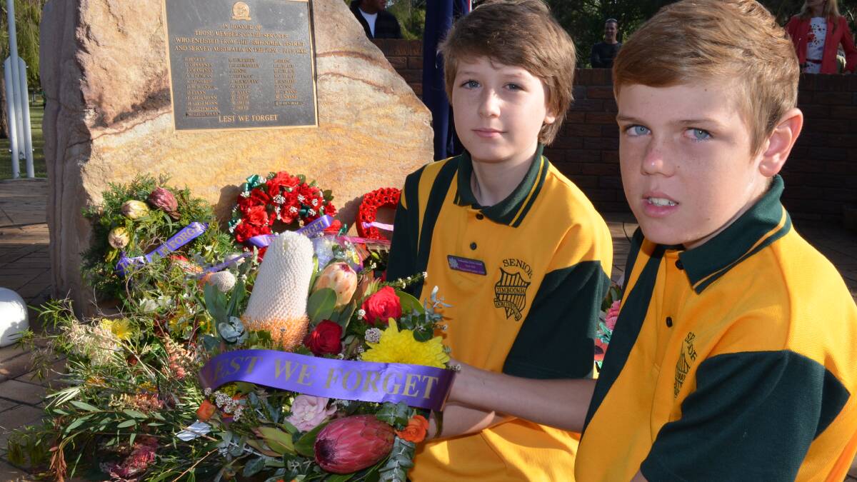Jimboomba State School playground leader Noah Fry and sstudent leader Tom Casey laid a wreath on behalf of their school.