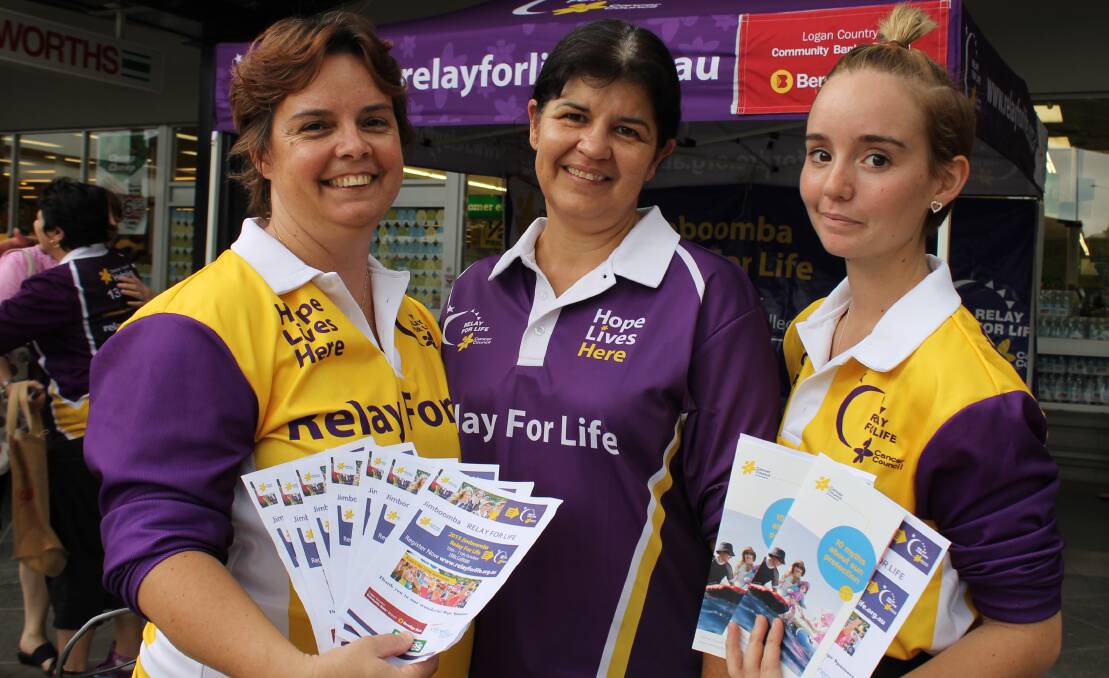 Jimboomba Relay for Life team, Hope from Hollywood, members Jane Haylock, Maxine Buhagiar and Sarah Haylock help create awareness about Relay outside Woolworths in Jimboomba on Saturday.