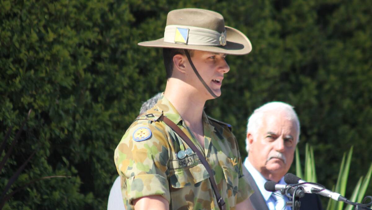 Cadet Under Officer Steven Osinski, of the Australian Army Corps 11th army cadet unit, gave the address at the service