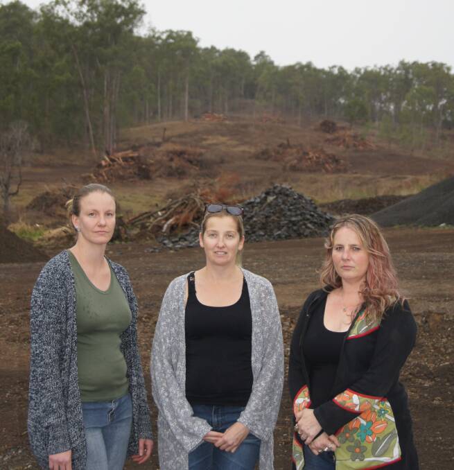 RESIDENTS: Jocelynne Berry, Hailey Mayes and Christine Johns near a land cleared block in Woodhill. Photo: Georgina Bayly