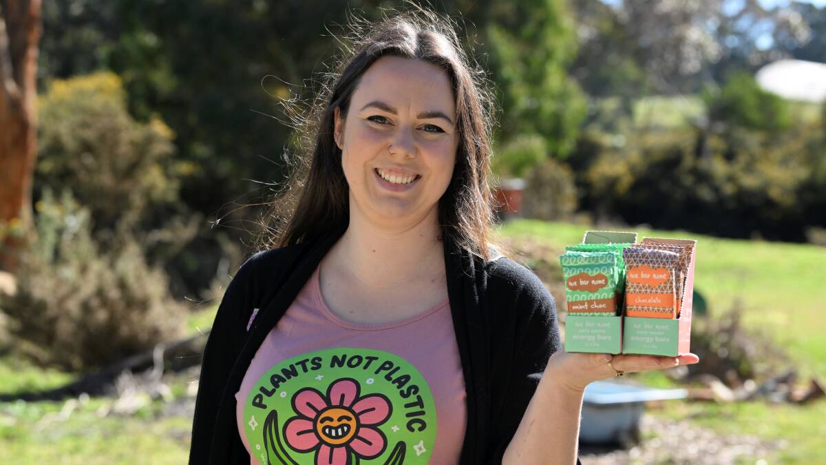 Ballarat's We Bar None founder Ellen Burns with her energy bars in 100 per cent compostable packaging. Picture by Lachlan Bence
