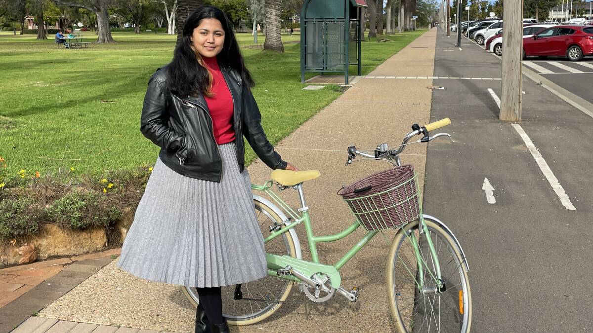 Bageshri Savyasachi, 25, a journalist at the Daily Liberal in Dubbo, does not have a car or a driver's licence but gets around her regional NSW town on a bike and on foot. Picture: Tom Barber