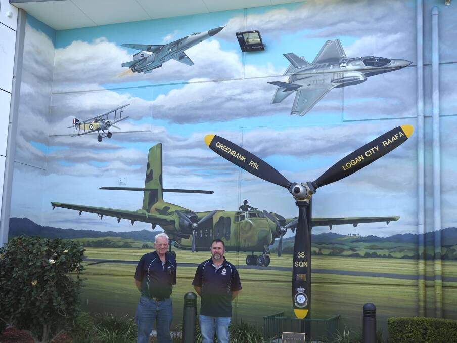 The mural shows the progression of RAAF flying hardware, including a Sopwith Camel, an F-111 Aardvark, an F-35 Lightning II and a DHC-4 Caribou on the runway. Picture by Joe Colbrook.