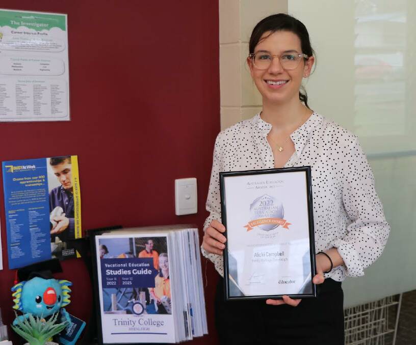EXCELLENCE: Trinity College, Beenleigh VET and Pathways Leader Alicki Campbell with her Excellence Award for Department Head of the Year, Australian Education Awards 2022. Picture: supplied.