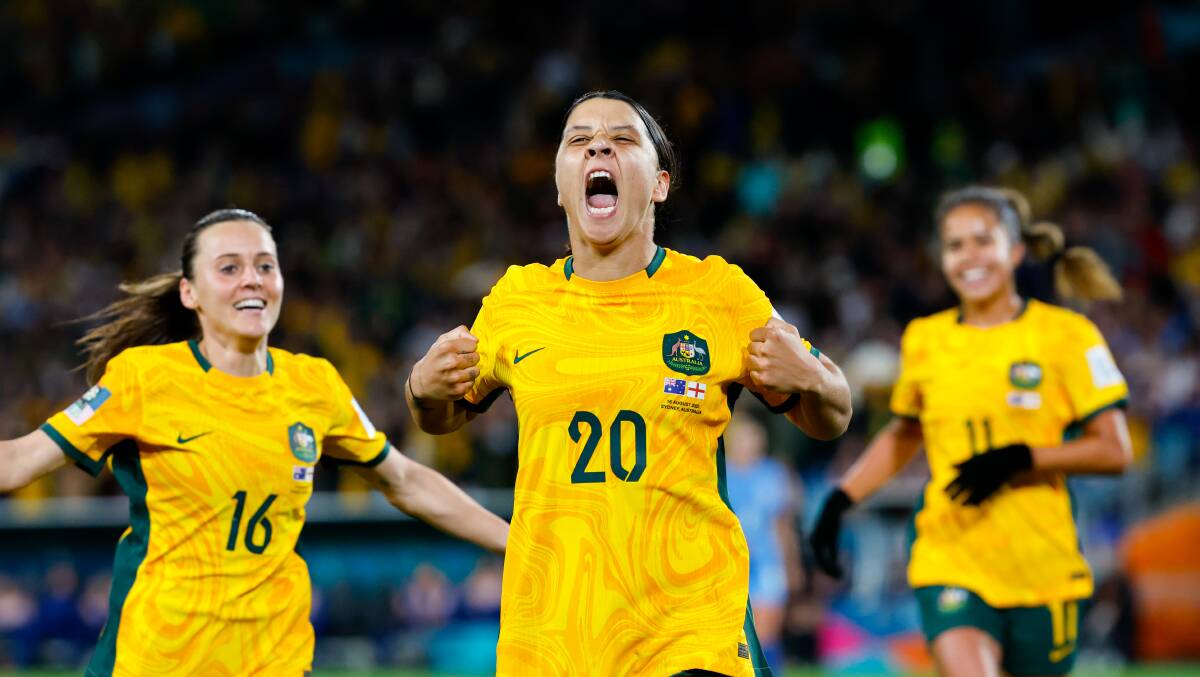 Sam Kerr celebrates after scoring a goal. Picture by Anna Warr