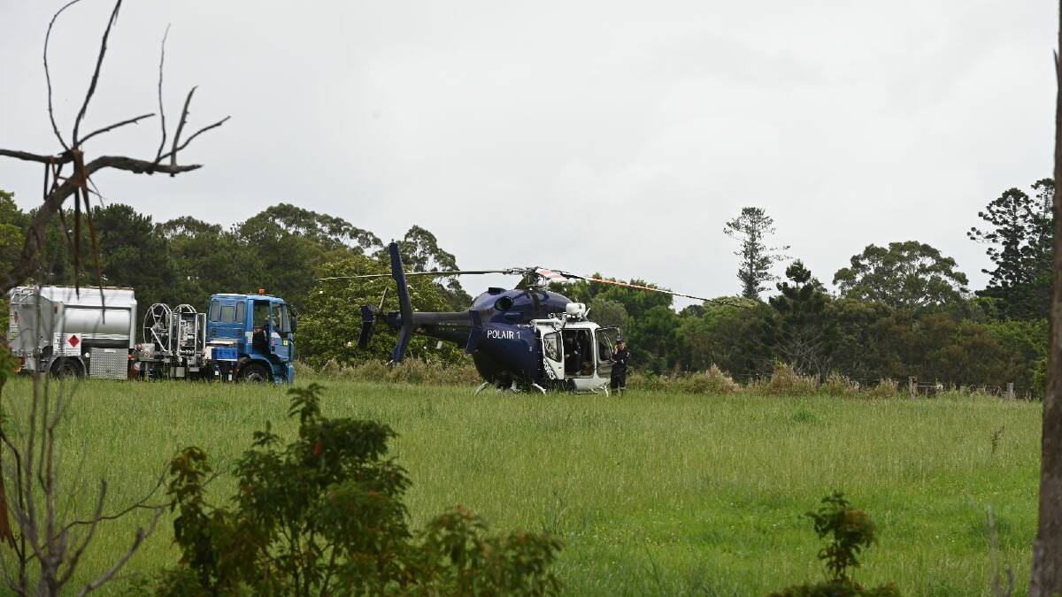 A police helicopter near the TAFE campus at Wollongbar on November 23. Picture by Cathy Adams