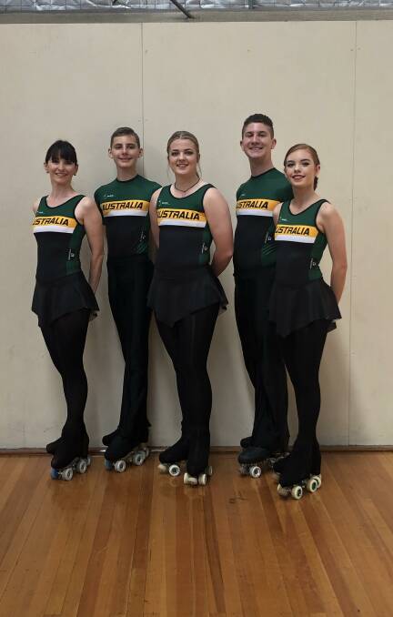 WORLD CLASS: Skate Nation Artistic Roller Skating Club members Simone Sherriff, Oscar White, Natasha Heit, Adrian Pace and Emily Slater competed in Melbourne. 