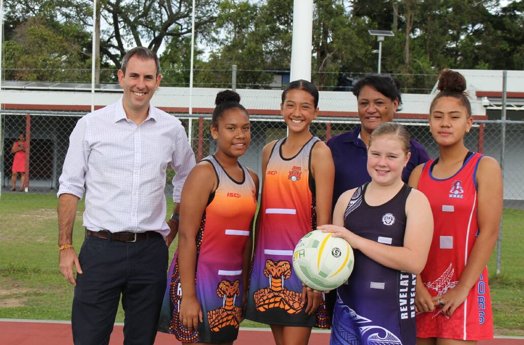 FEMALE PARTICIPATION: Rankin MP Jim Chalmers with members of the Logan City Netball Association. 
