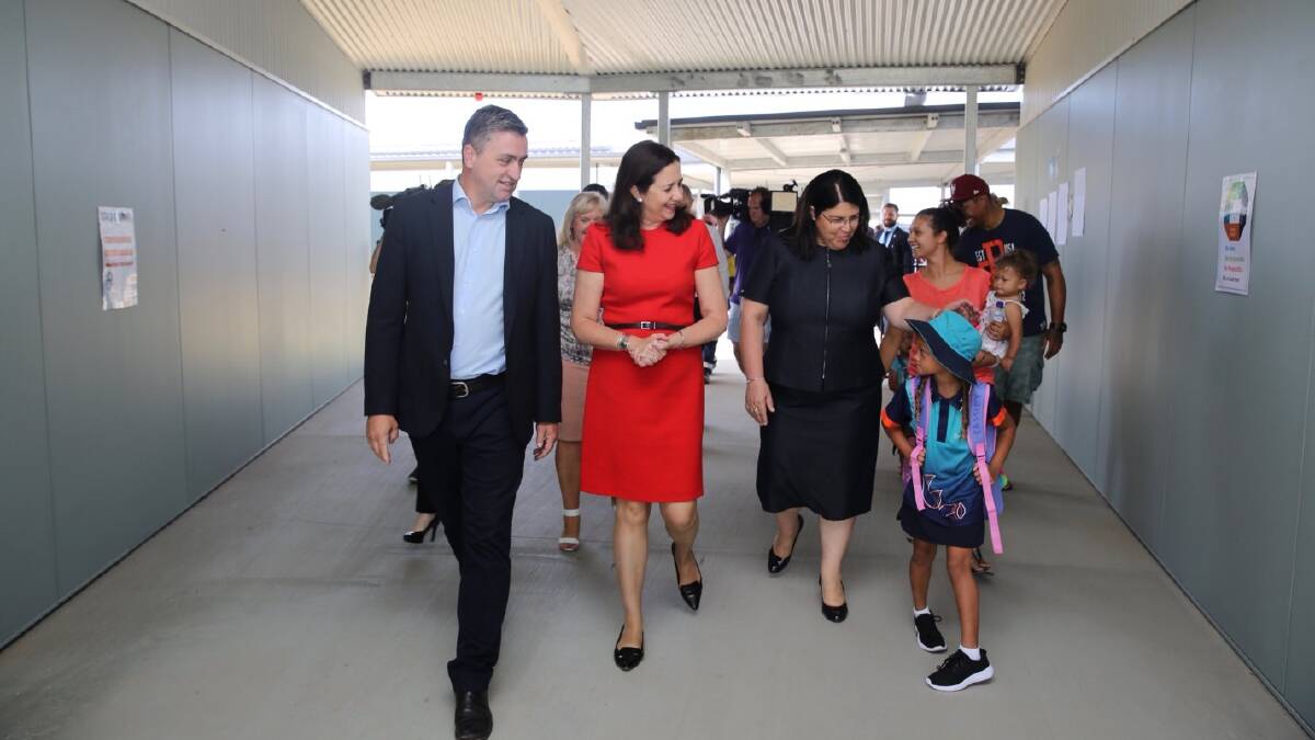 FIRST DAY: Logan MP Linus Power, Premier Annastacia Palaszczuk  and Education Minister Grace Grace visit Yarrabilba State School for the first day back. Photo: Supplied