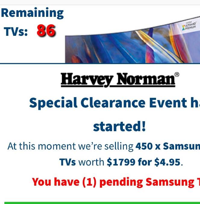 Phone users receiving an SMS scam are being redirected to a website claiming to sell Harvey Norman TVs for $4.95.