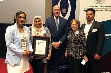 SOCIAL CHANGE: R4Respect Youth Ambassadors Rachael Pascua and Nadia Saeed with Home Affairs minister Peter Dutton, YFS CEO Cath Bartolo and Andrew Taukolo. 