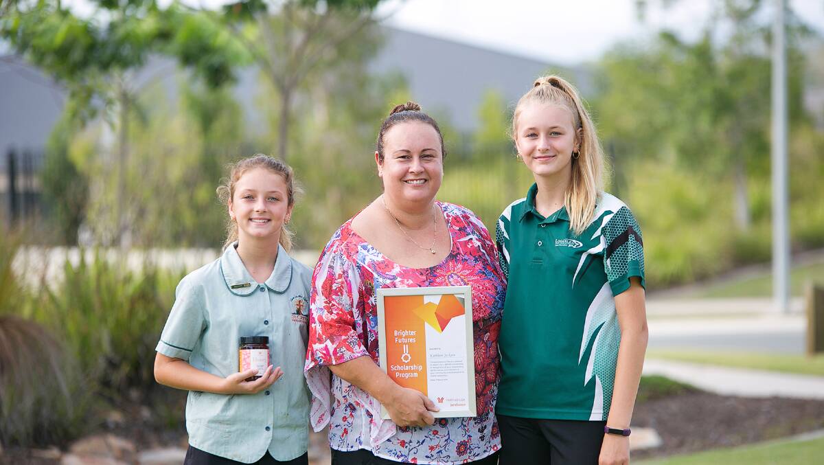 SUCCESS STORY: Casey Allison (left) and Zoe Allison (right) with Kathleen Jackson who was awarded a Brighter Futures academic scholarship in 2019. Photo: Lendlease