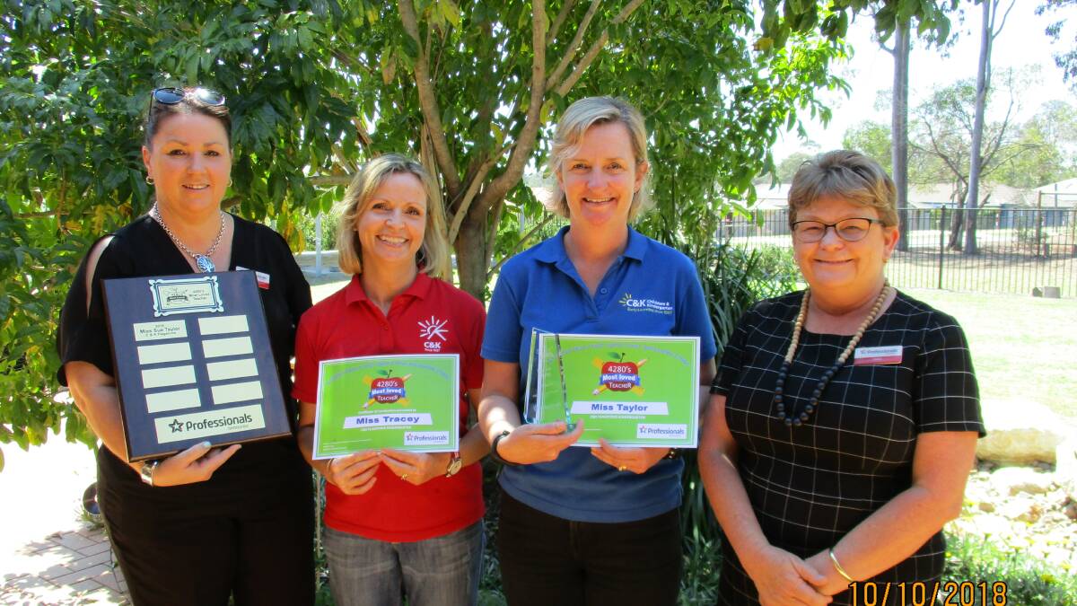 WINNERS:  Flagstone C&K teachers Kell Anderson, Tracey Hilston and Sue Taylor with Heidi Taylor. Photo: Supplied
