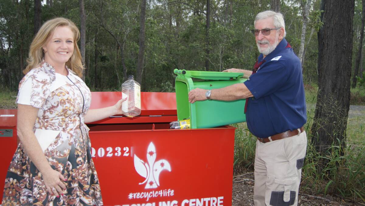 RECYCLE: Logan City Councillor Laurie Koranski with Jimboomba Scouts group leader Michael Gray. Photo: Jacob Wilson