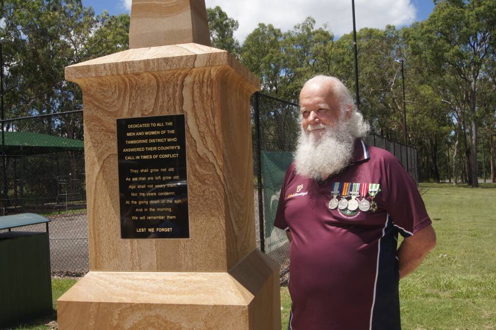 RESPECT: Tamborine Village veteran Grant Knuckey stood tall aside the soon to be unveiled cenotaph at the Tamborine Memorial Hall. Photo: Jacob Wilson