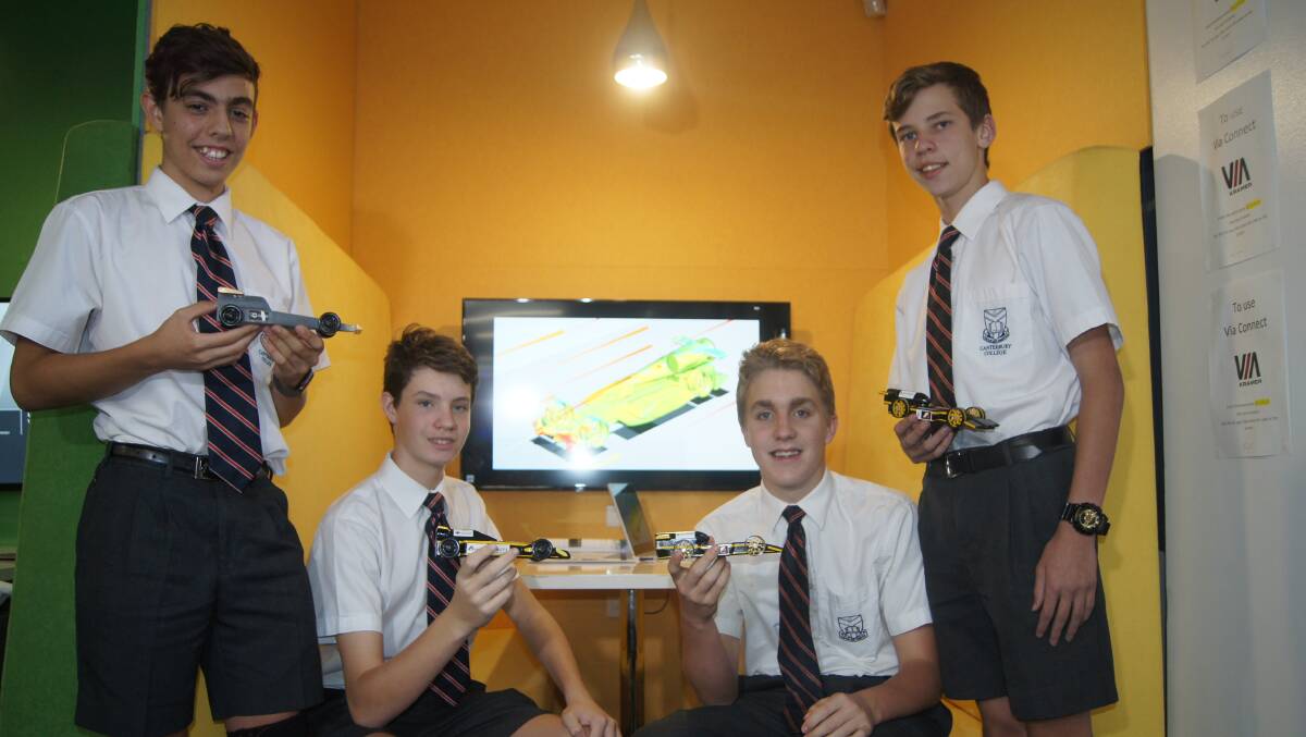 SPEEDING UP: Canterbury College Year 9 Bolt Racing team members Kian O’Keefe, Casey Milne, Benjamin Newman and Charlie Deane get ready for the national formula one competition in March. Photo: Jacob Wilson 