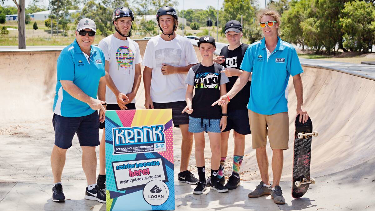 SCHOOL HOLIDAYS: Representatives from the Australian Skateboarding Community Initiative with young people from Logan taking part in a KRANK school holiday activity.