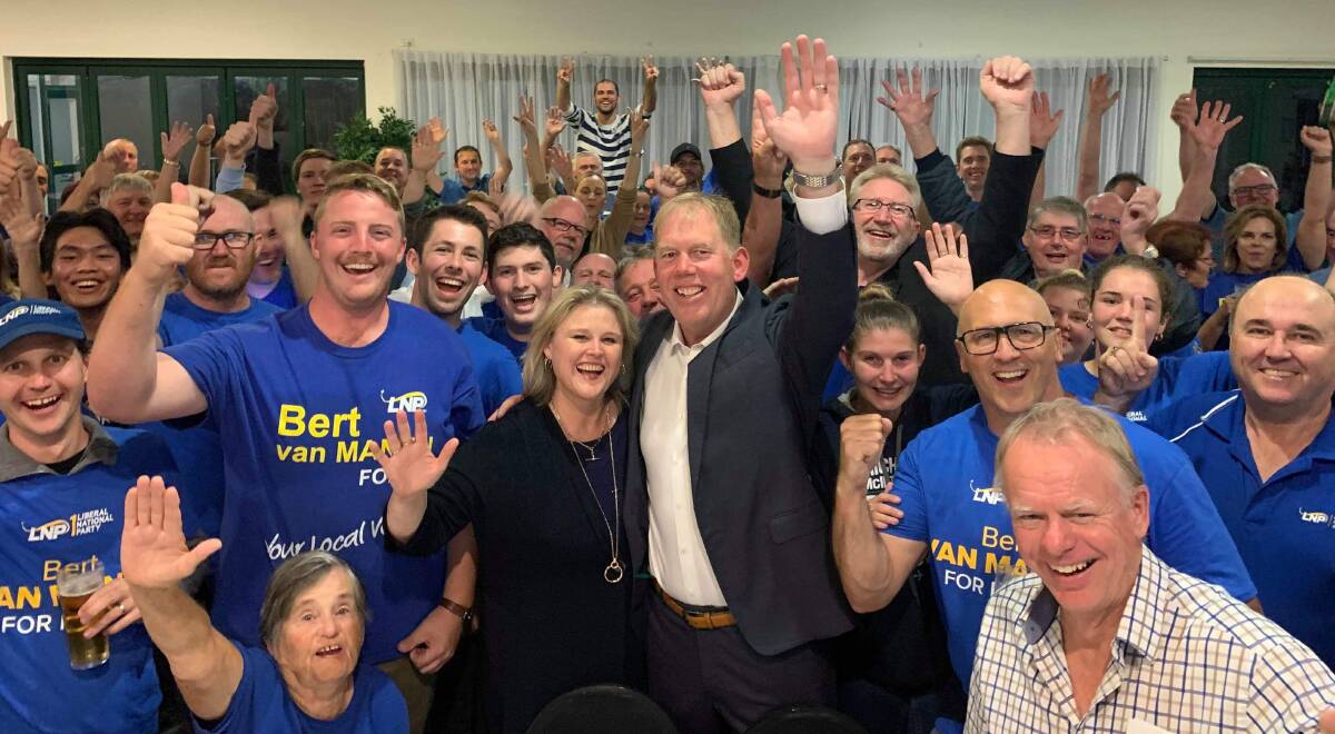 VICTORY IS HIS: LNP member for Forde Bert van Manen celebrated his victory with exuberant party faithful on election night.