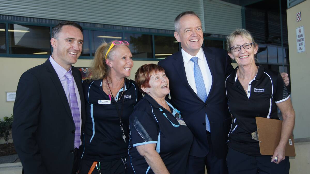 Labor candidate for Forde Des Hardman and Opposition Leader Bill Shorten posed for photos with Logan Hospital staff. Photo: Jacob Wilson