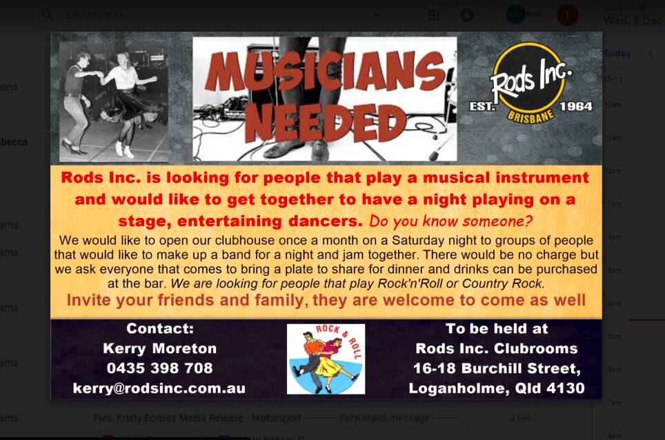 OPPORTUNITY: Loganholme hot rod club, Rods Inc is chasing talented locals to perform once a month at the clubhouse.