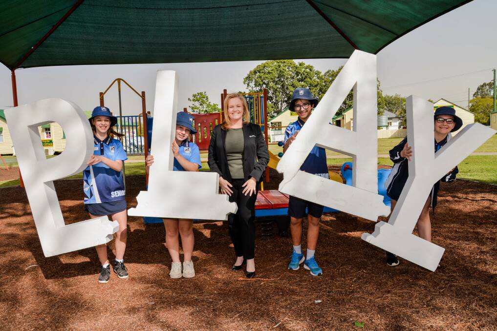 GREEN UPGRADE: Logan City councillor Laurie Koranski with Logan Village State School captains and vice-captains Molly Scully, Mia Glyde, Destiny Smart and Bradley Shaxson on the Logan Village Green which will undergo a $1.6 million upgrade.