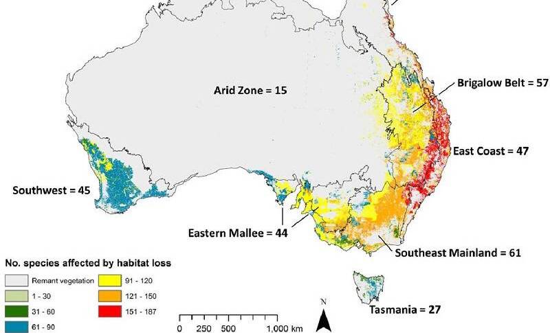 PRESSURE: Where the most species are losing habitat. This map shows the number of bird species affected by habitat loss in any region. Photo: Conservation Biology.