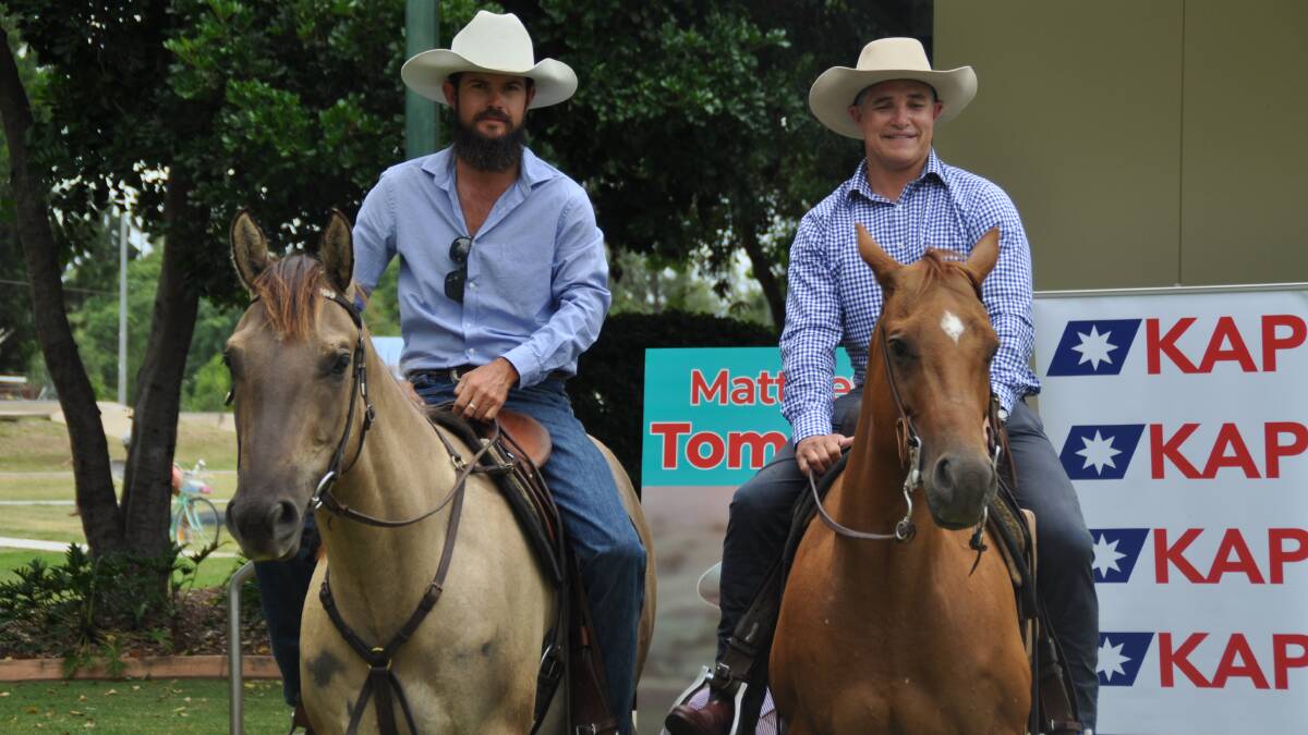 FARMERS: Tamrookum KAP spokesman Matt Tomlinson with Robbie Katter in Jubilee Park last year. Photo: Larraine Sathicq
