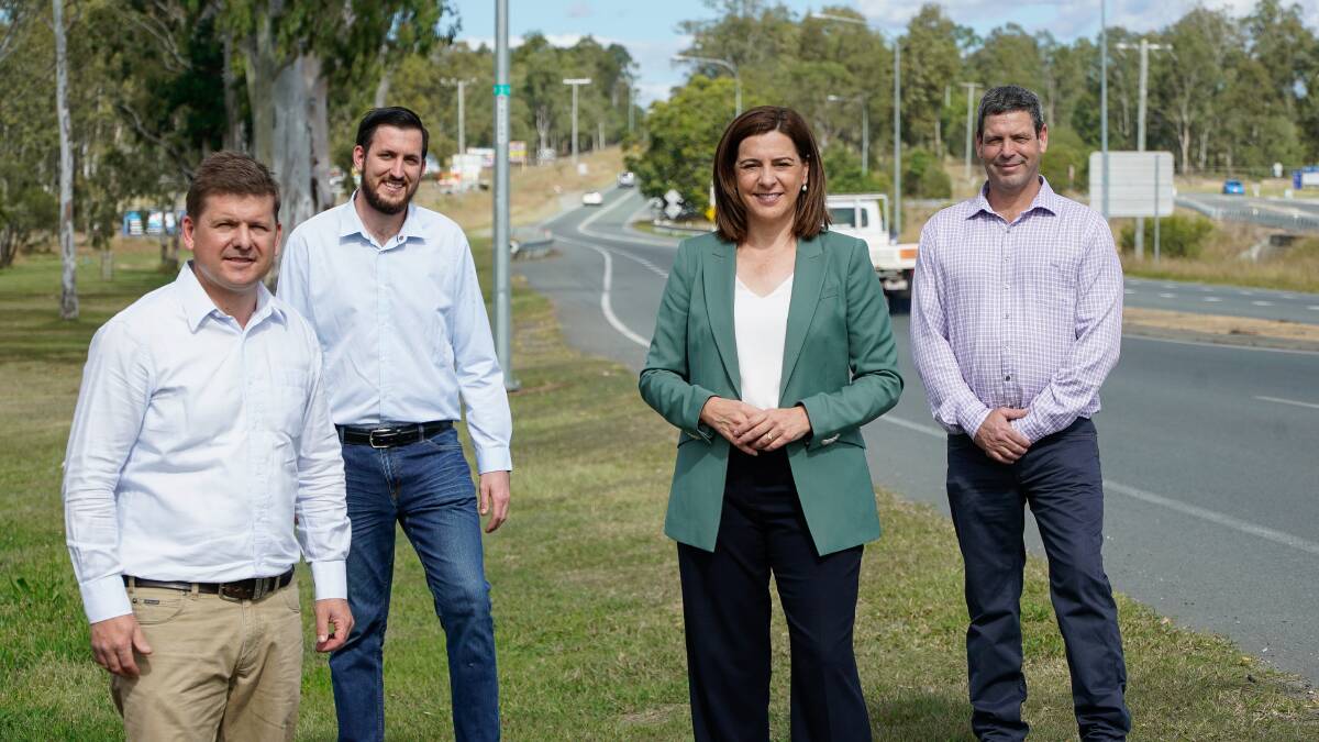 HIGHWAY: MP Jon Krause and LNP leader Deb Frecklington with Ben Popp, acting state manager of SCT, and Matt Owens, president Logan Country Safe City Group. 