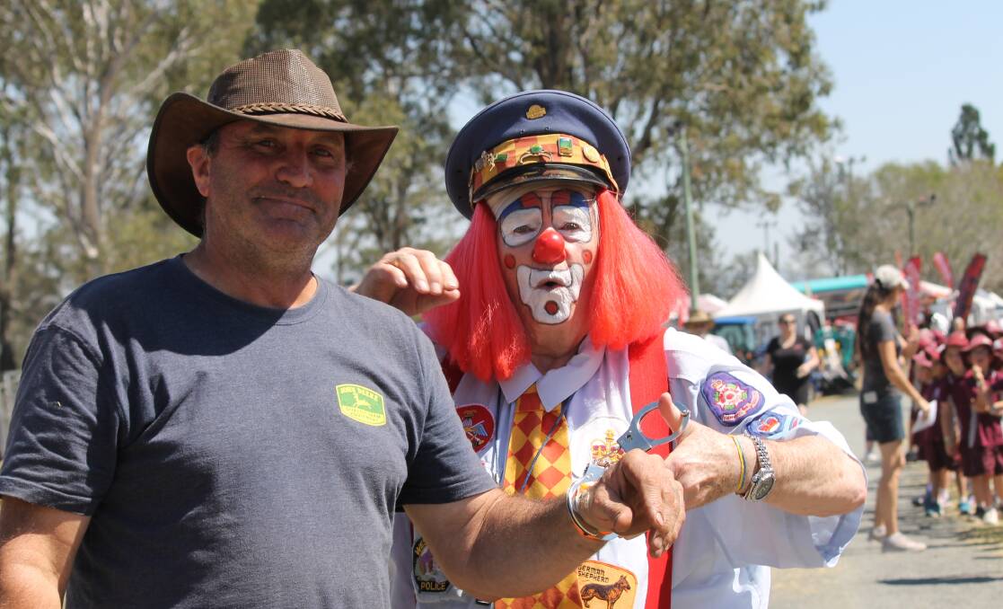 SAFER TIMES: Kooralbyn's Ken Nicklas with Clancy the Clown at the 2019 Beaudesert Show. Photo: Larraine Sathicq