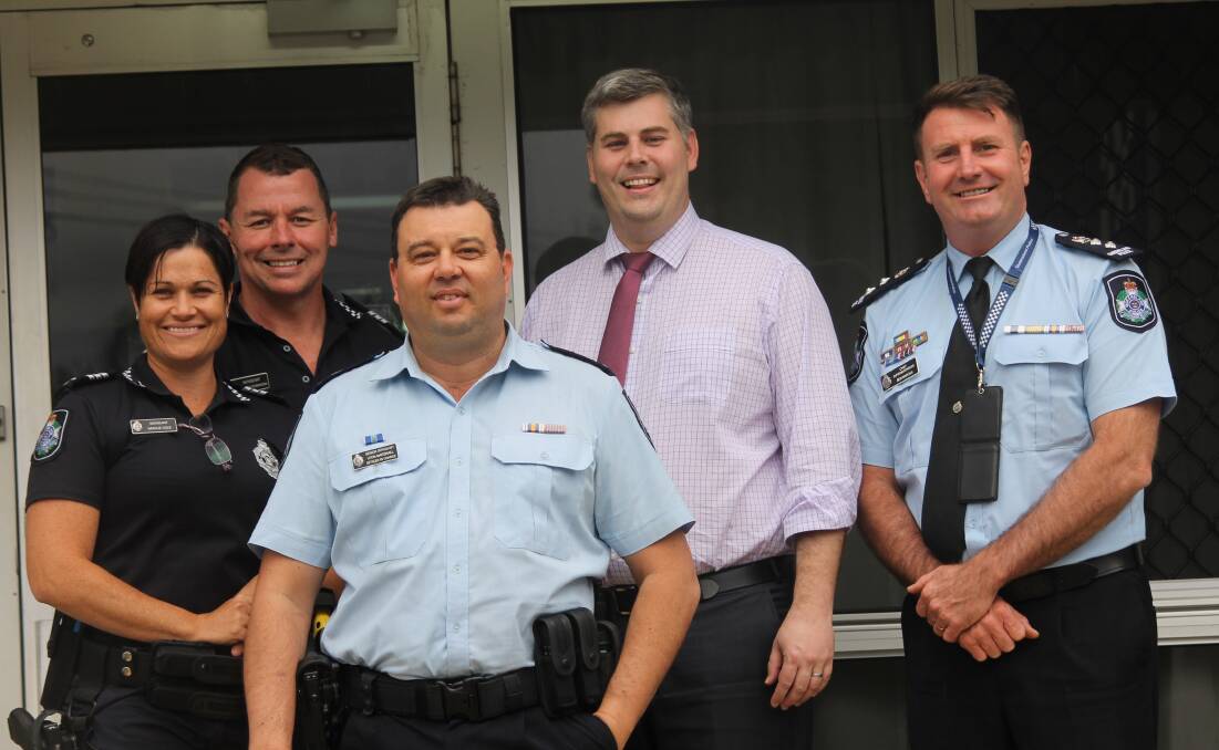 MINISTER: Local police officers Natalie Cole, Andrew Robinson and Leon Marshall with Police Minister Mark Ryan and Chief Superintendent Ben Marcus outside Beaudesert Police Station. Photo: Larraine Sathicq