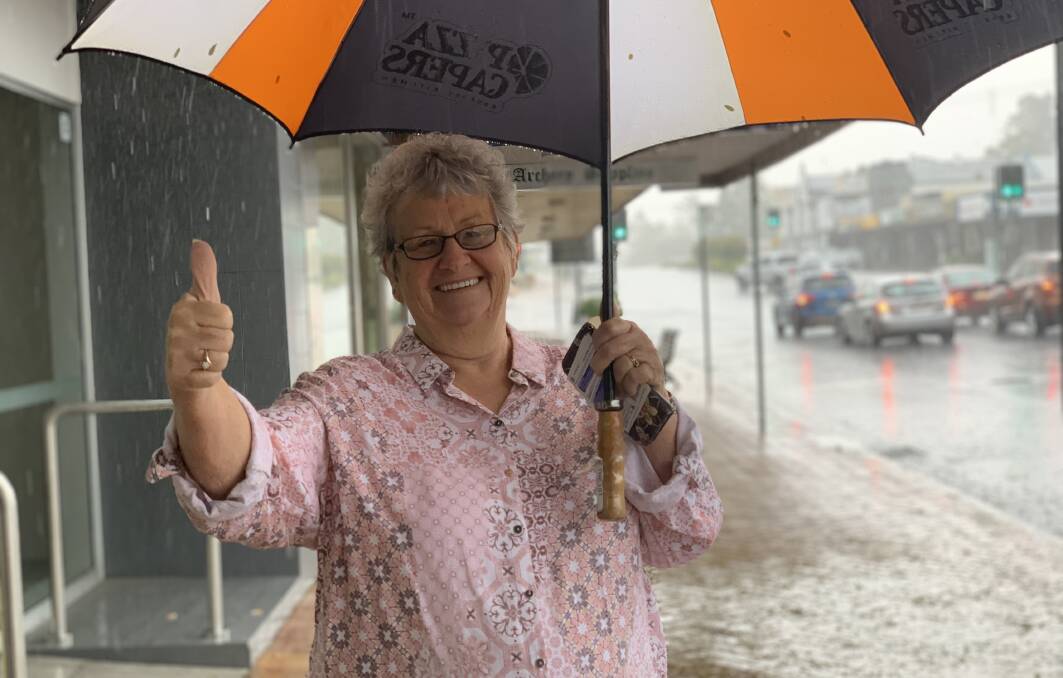BIT WET: Judy Murphy from Calico Country enjoys the rain at Beaudesert in October. Photo: Larraine Sathicq