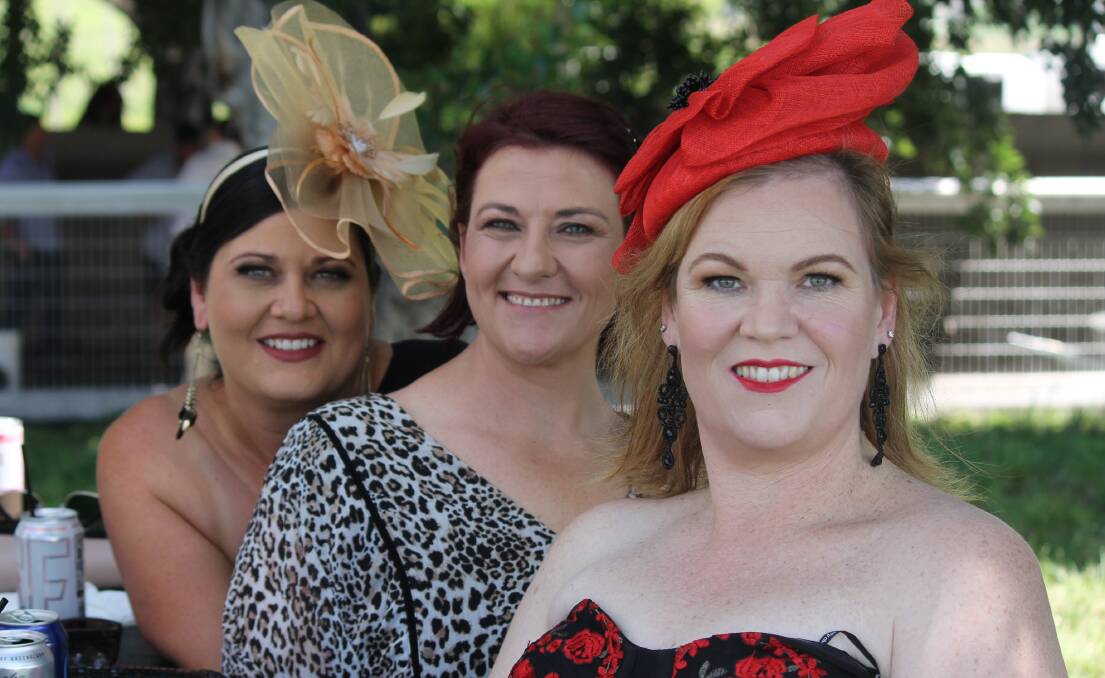 RACING: Peta Clarkson, Kirsty Hayes and Julianne Singh from Logan at Beaudesert for Derby Day in November. Photos: Larraine Sathicq
