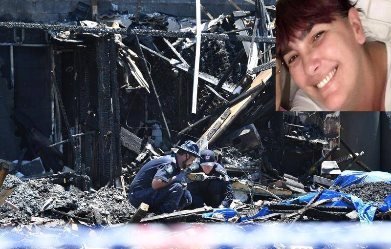 INVESTIGATE: Police comb the scene of the fire in Browns Plains where Doreen Langham (inset) and her former partner Gary Hely died. Photo: Australian Associated Press